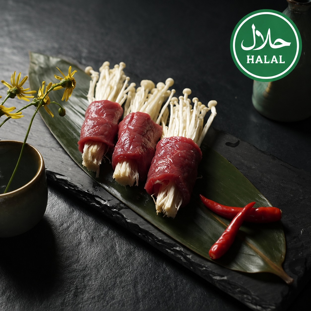 Rindfleisch-Röllchen mit Enoki-Pilzen bei Yakido Mundsburg